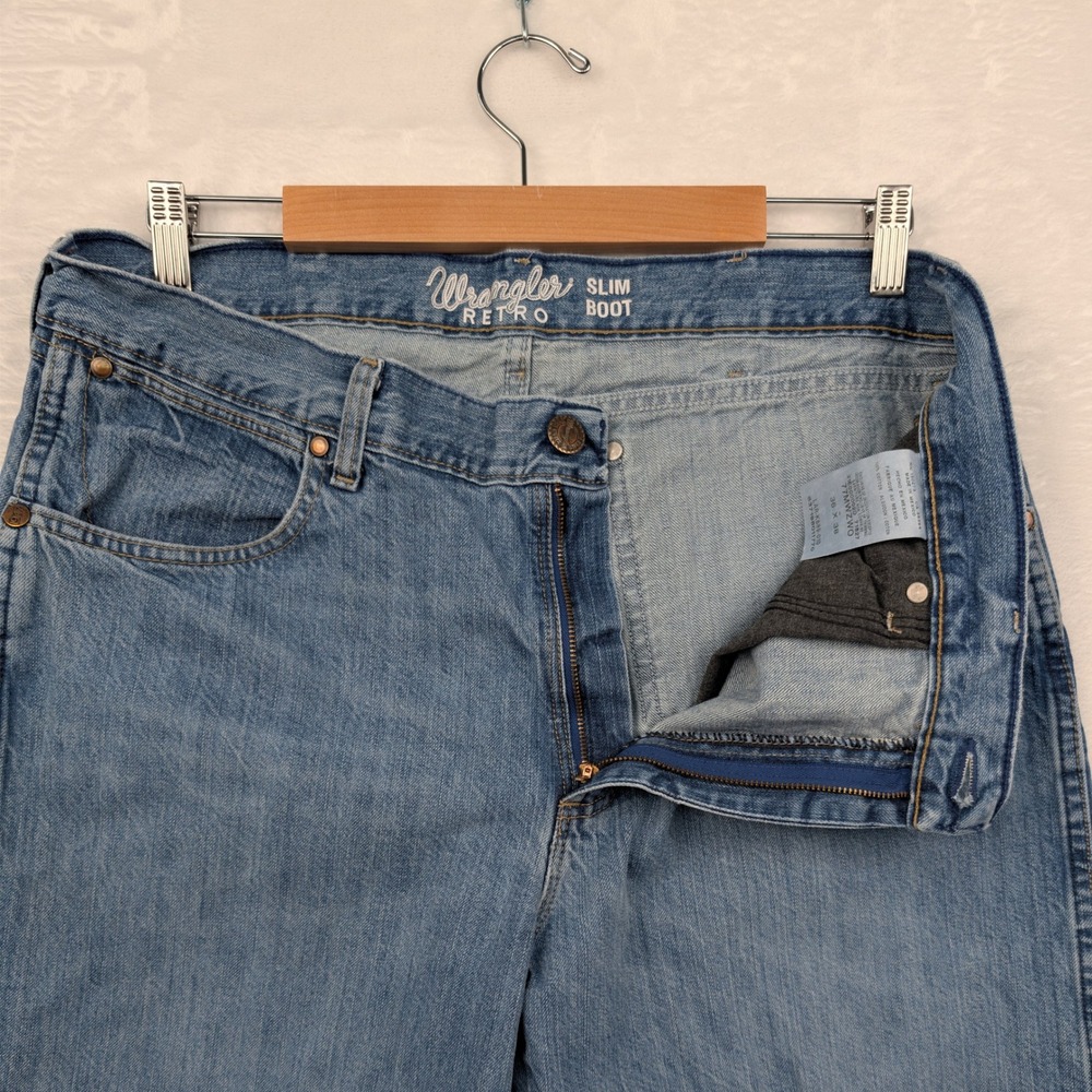 Wrangler Jeans Men 37x36 Blue Retro Slim Boot Light Wash Western Cowboy Denim